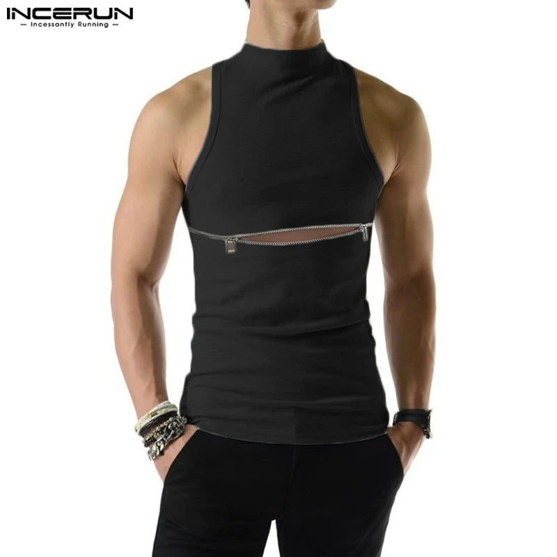 Men Tank Tops Zipper Turtleneck Sleeveless Summer Fitness Solid Vests Streetwear 2023 Fashion Casual Men Clothing S-5XL INCERUN