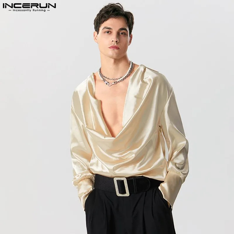 Men Shirt Solid Color V Neck Long Sleeve Satin Male Irregular Shirts Loose Streetwear 2023 Fashion Casual Camisas S-5XL INCERUN
