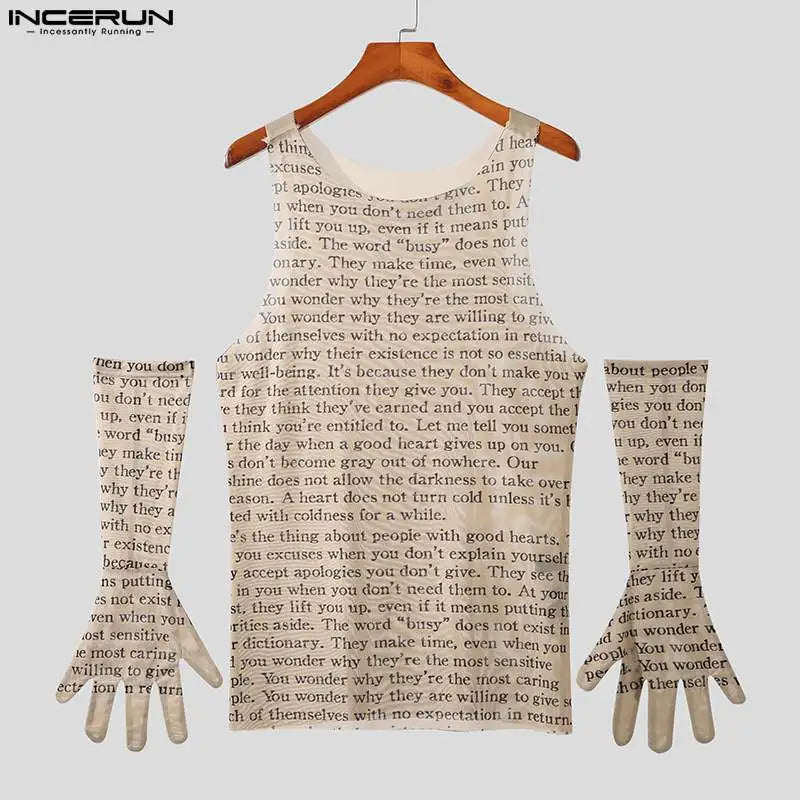 Men Tank Tops Letter Printing Gloves Streetwear O-neck Sexy Sleeveless Vests Summer Transparent 2023 Men Clothing S-5XL INCERUN