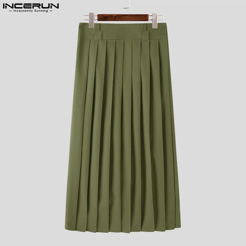 INCERUN Men Casual Skirts Solid Color Pleated Zipper Streetwear Loose Trousers 2023 Personality Leisure Fashion Men Skirts S-5XL