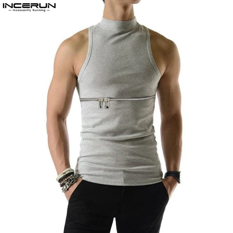 Men Tank Tops Zipper Turtleneck Sleeveless Summer Fitness Solid Vests Streetwear 2023 Fashion Casual Men Clothing S-5XL INCERUN