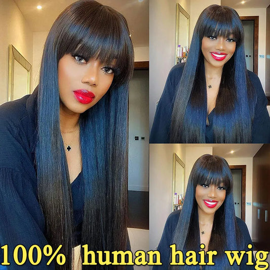 Pelucas de cabello humano 100% pelo liso con flequillo para mujer peluca brasileña Bob sin pegamento hecha a máquina con flequillo de 30 pulgadas