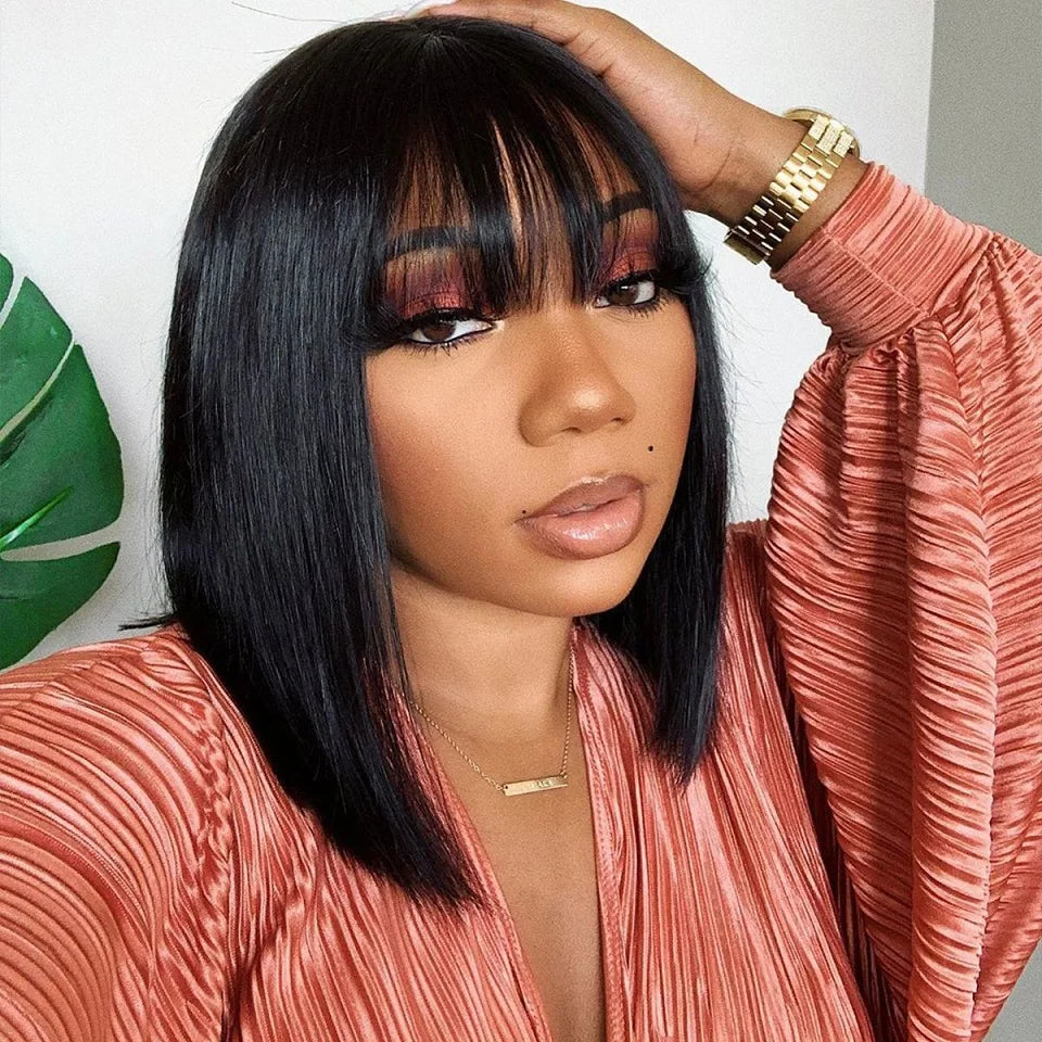 Short Bob Wig Straight Human Hair Wigs Full Machine Made Wigs Natural Color With Bangs Brazilian Remy Bob Wigs For Women No Lace