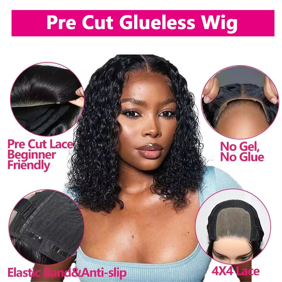 Queenlike Water Wave Ready To Wear Glueless Human Hair Wig 4x4 Pre Cut Pre Plucked Lace Closure Wigs for Women 10-16 inch Remy