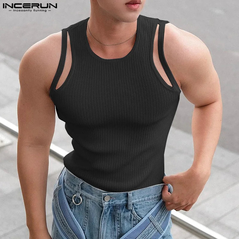 2023 Men Tank Tops Solid Color O-neck Sleeveless Fitness Hollow Out Vests Streetwear Fashion Casual Men Clothing S-5XL INCERUN
