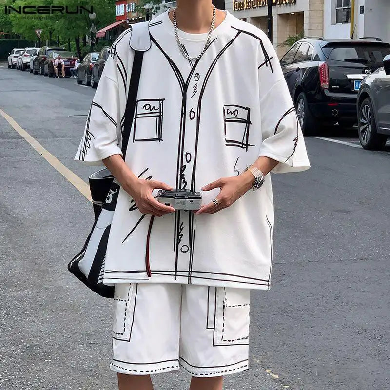 2024 männer Sets Druck Sommer Koreanischen Stil Streetwear Oansatz Kurzarm T-Shirt und Shorts 2PCS männer Casual Anzüge S-5XL INCERUN