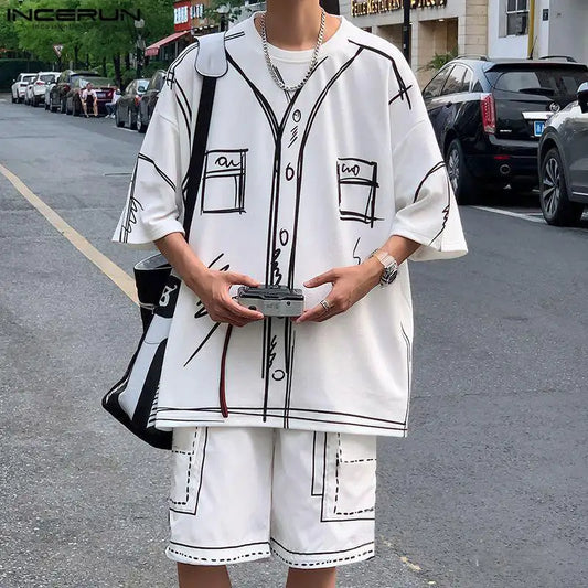 2024 Men Sets Printing Summer Korean Style Streetwear O-neck Short Sleeve T Shirt & Shorts 2PCS Men's Casual Suits S-5XL INCERUN