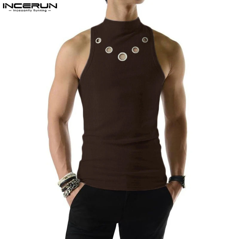 2023 Men Tank Tops Hollow Out Solid Turtleneck Sleeveless Fashion Male Vests Streetwear Summer Casual Men Clothing S-5XL INCERUN