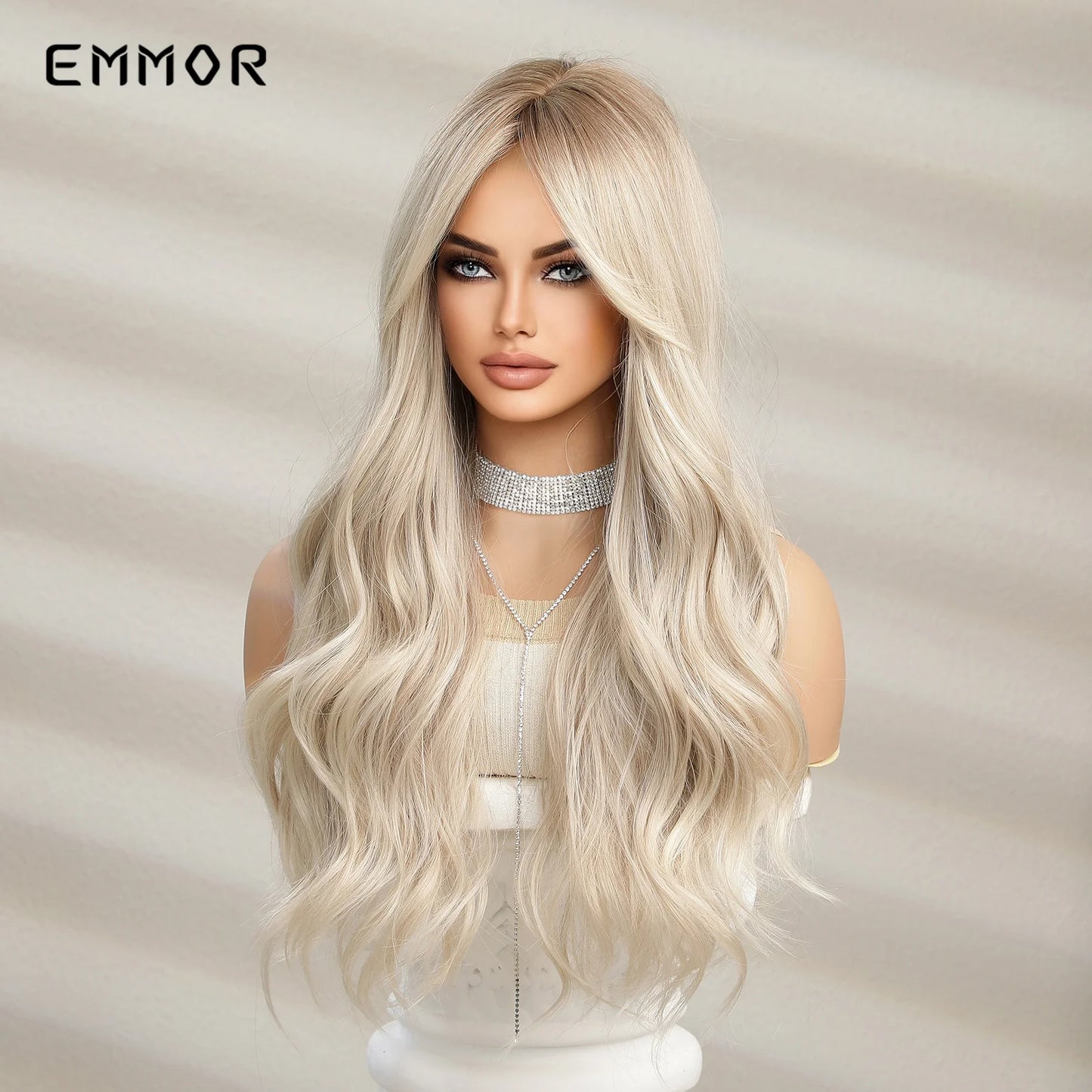 Emmor Ombre Black to Light Blonde Hair Wig Synthetic Long Wavy Wigs with Bangs for Women Cosplay Natural High Temperature Fiber