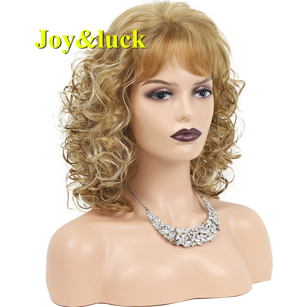 Joy &amp; luck-Peluca de cabello sintético corto y rizado para mujer, peluca completa de Color rubio mezclado dorado con flequillo, estilo de cabello Natural para uso diario