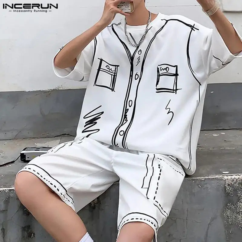 2024 männer Sets Druck Sommer Koreanischen Stil Streetwear Oansatz Kurzarm T-Shirt und Shorts 2PCS männer Casual Anzüge S-5XL INCERUN