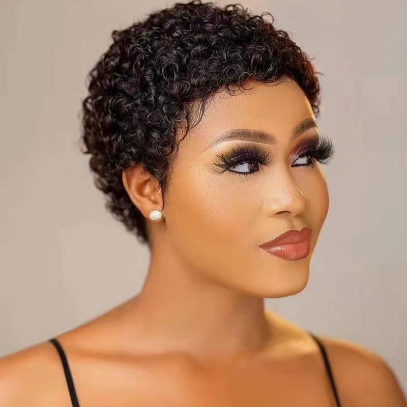 Short Kinky Curly Wigs Human Hair Pixie Cut Brazilian Human Hair For Women Natural Black Glueless Curly Human Hair Wigs