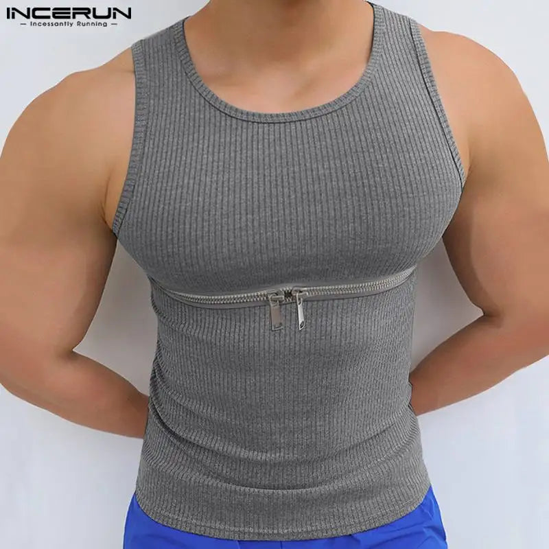 2023 Men Tank Tops Zipper Solid Color Streetwear O-neck Sleeveless Stylish Vests Skinny Summer Casual Men Clothing S-5XL INCERUN