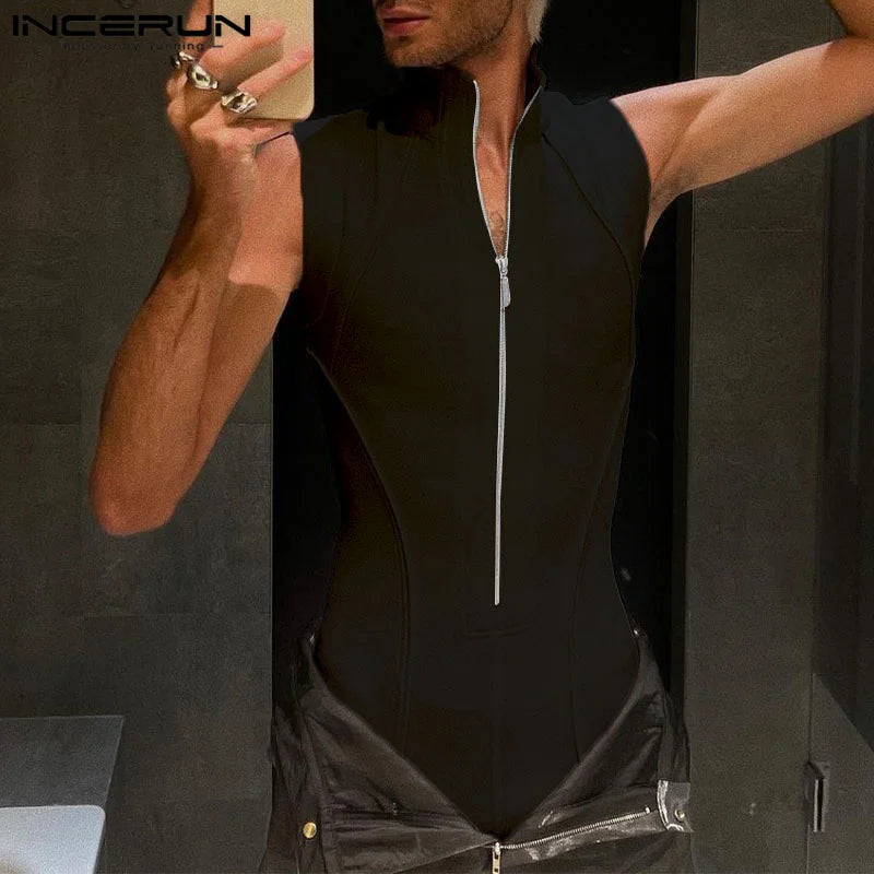 2023 Men Bodysuits Lapel Sleeveless Streetwear Zipper Fitness Male Rompers Tank Tops Solid Color Sexy Bodysuit Men S-5XL INCERUN