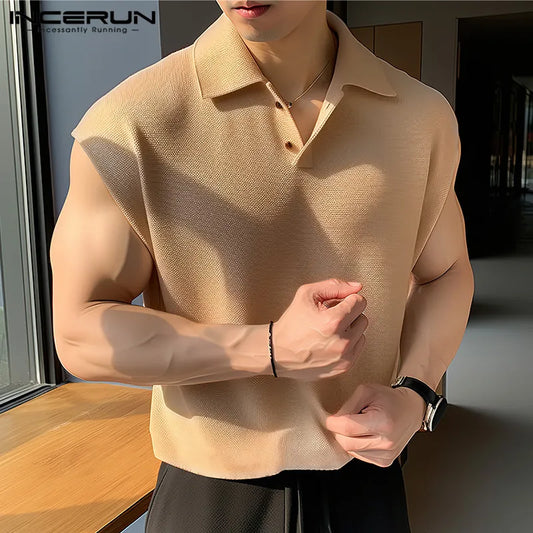 2024 Men Tank Tops Solid Color Lapel Sleeveless Streetwear Casual Male Vests Summer Korean Fashion Leisure Men Clothing INCERUN