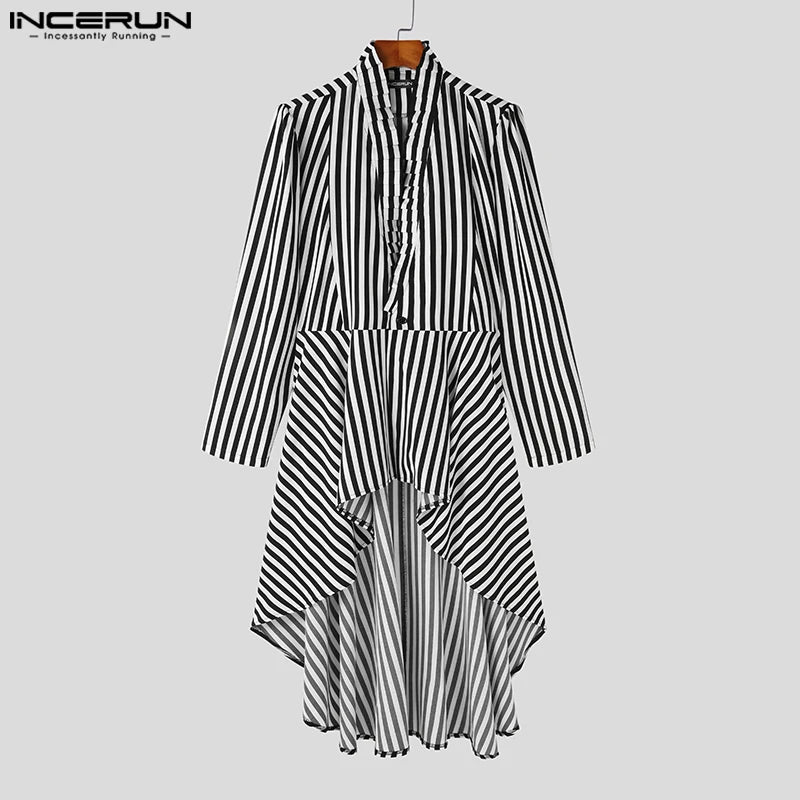 Fashion Men Irregular Shirt Striped V Neck Long Sleeve Loose Casual Long Style Shirts Men 2023 Streetwear Camisas S-5XL INCERUN
