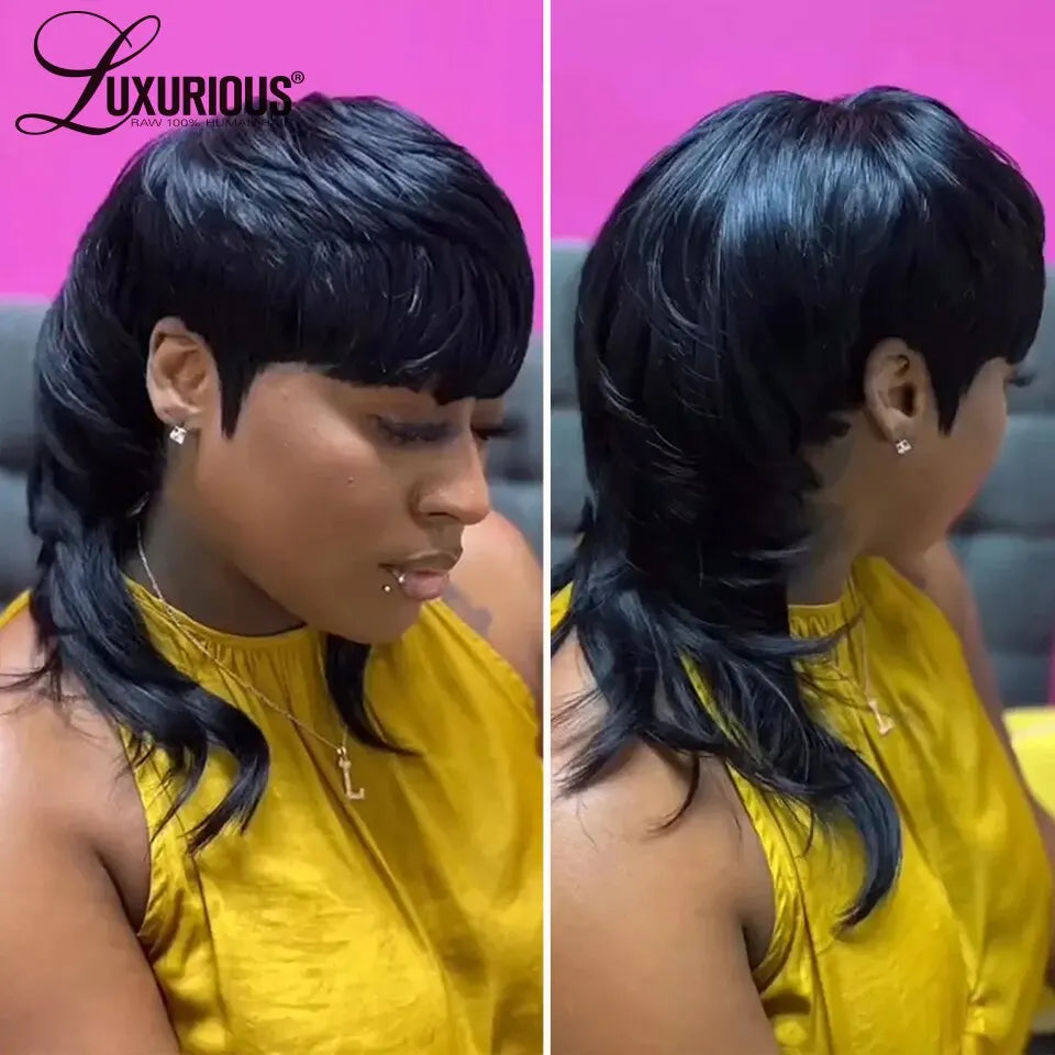 Short Bob Glueless Wig Human Hair Ready To Wear Pixie Cut Wigs With Bang For Women Long Full Machine Made No Lace Human Hair Wig