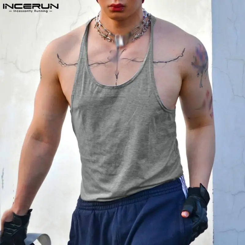 INCERUN-Tops de estilo coreano para hombre, chaleco deportivo informal liso con cinturón fino para correr, chalecos sin mangas con espalda cruzada, S-5XL, 2023