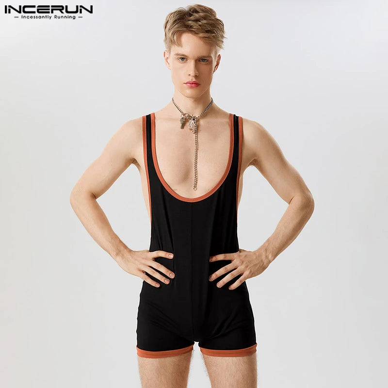 2023 Men Rompers Pajamas Patchwork O-neck Sleeveless Sexy Summer Fitness Bodysuits Men Homewear Stylish Playsuits S-5XL INCERUN