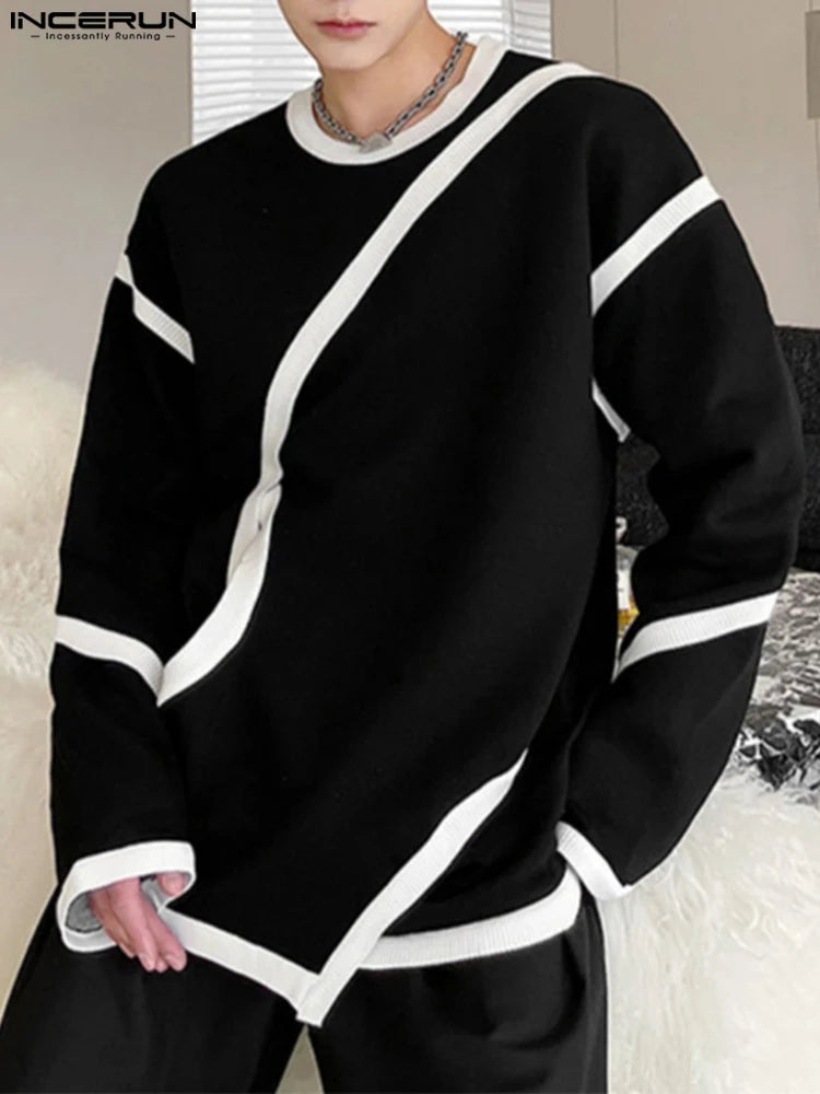 Men Casual T Shirt Patchwork O-neck Long Sleeve Loose Hollow Out Irregular Tee Tops Streetwear 2023 Korean Men Clothing INCERUN