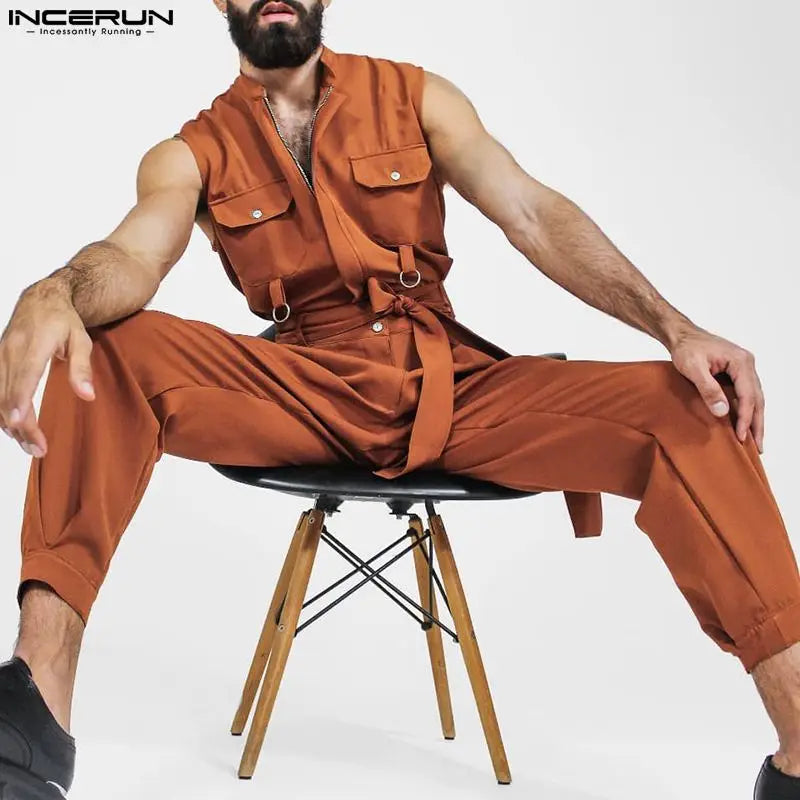 INCERUN Men Jumpsuits Solid Lapel Sleeveless Multi Pockets Fashion Rompers With Belt 2023 Streetwear Casual Cargo Overalls Men