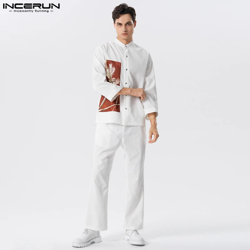 INCERUN 2023 Men Sets Printing Stand Collar Long Sleeve Shirt & Straight Pants 2PCS Streetwear Vintage Men's Casual Suits S-5XL