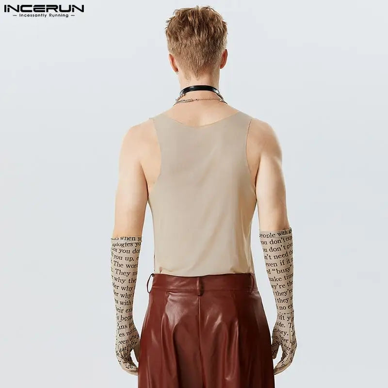 Men Tank Tops Letter Printing Gloves Streetwear O-neck Sexy Sleeveless Vests Summer Transparent 2023 Men Clothing S-5XL INCERUN