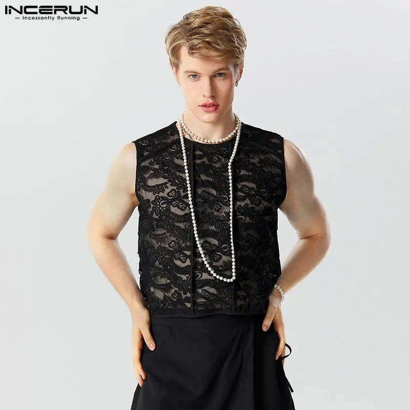 Men Tank Tops Lace Mesh See Through O-neck Sleeveless Male Vests Summer Sexy Streetwear 2023 Lace Up Fashion Crop Tops INCERUN