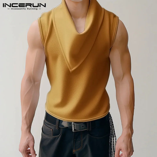 2024 Men's Tank Tops Solid Color Turtleneck Sleeveless Summer Casual Male Vests Streetwear Fashion Men Clothing S-5XL INCERUN