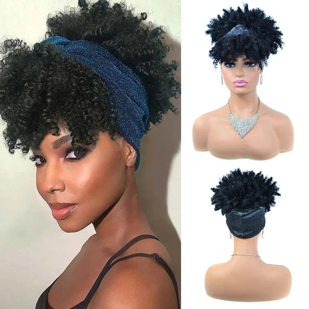 Pelucas de diadema rizadas cortas para mujer, peluca con diadema Afro Puff rizada, turbante sintético Natural, peluca envolvente para Cosplay, uso diario