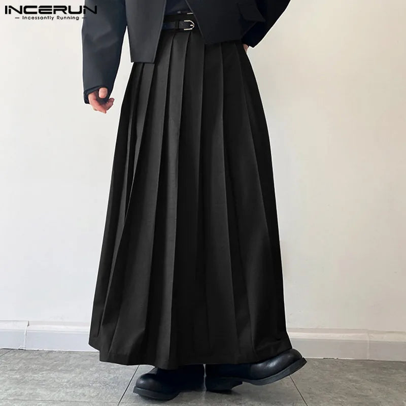 INCERUN Men Casual Skirts Solid Color Pleated Zipper Streetwear Loose Trousers 2023 Personality Leisure Fashion Men Skirts S-5XL