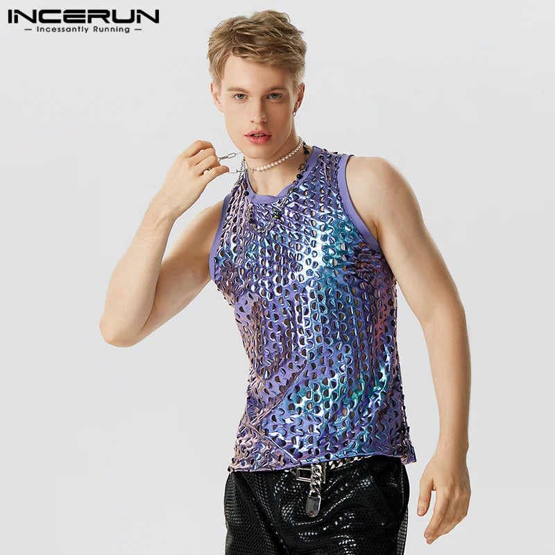 INCERUN-camisetas sin mangas brillantes con cuello redondo para hombre, ropa de calle sin mangas, chalecos calados, ropa Sexy de moda para fiesta, S-5XL 2023