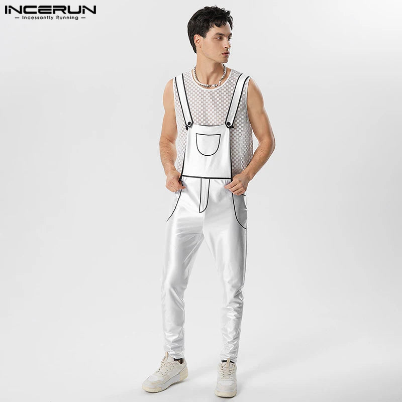 INCERUN 2023 Men Jumpsuits Patchwork Sleeveless Streetwear Suspenders Rompers Pockets Fashion Male Straps Overalls Pants S-5XL