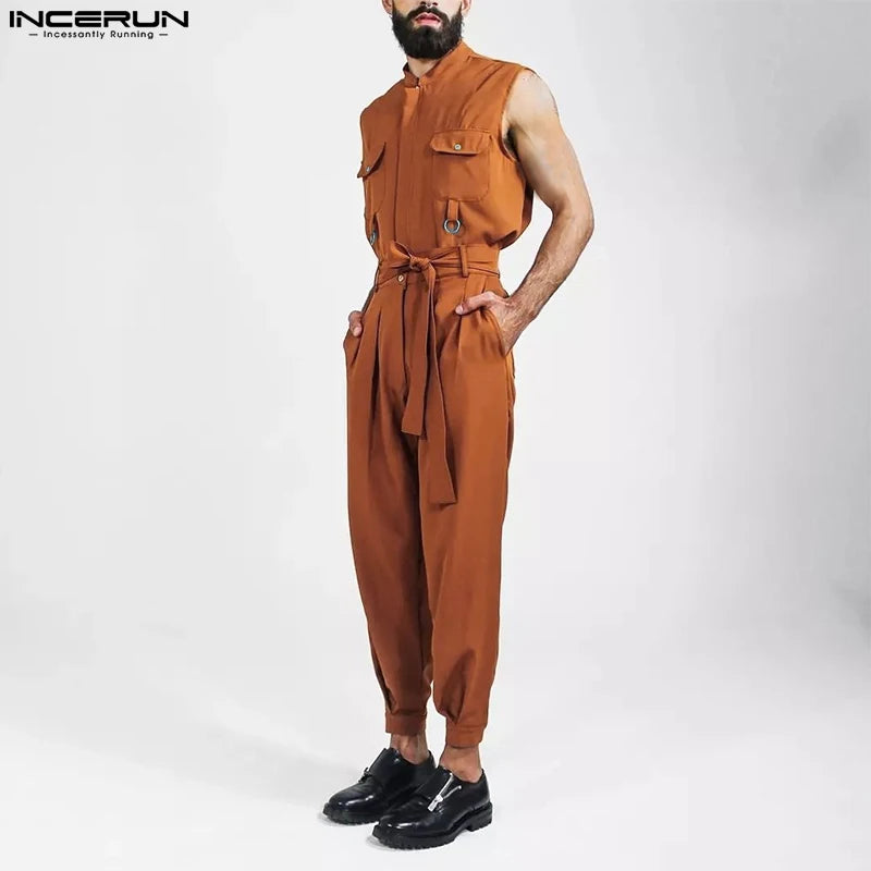 INCERUN Men Jumpsuits Solid Lapel Sleeveless Multi Pockets Fashion Rompers With Belt 2023 Streetwear Casual Cargo Overalls Men