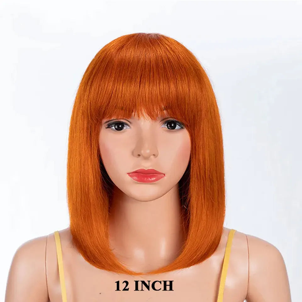 99J Colored Short 180D Straight Brazilian Human Hair Bob Wigs with Bangs Remy Full Machine Made for Women Hightlight Burgundy