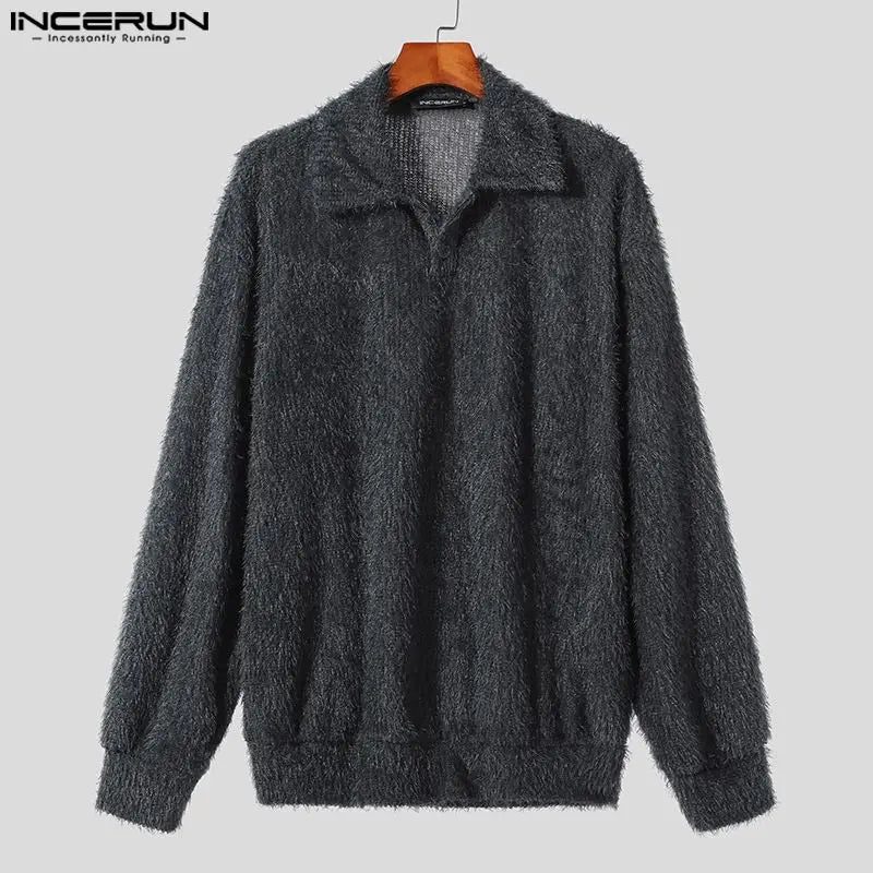 INCERUN Men's Sweaters Solid Color Knitted Plush Lapel Long Sleeve Casual Pullovers Streetwear 2023 Fashion Men Clothing S-5XL