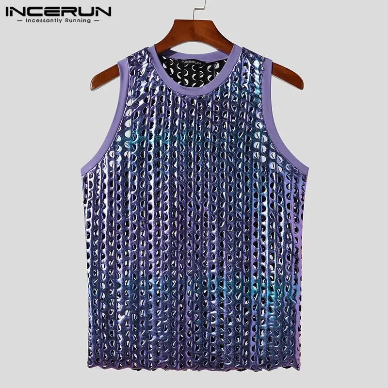 INCERUN-camisetas sin mangas brillantes con cuello redondo para hombre, ropa de calle sin mangas, chalecos calados, ropa Sexy de moda para fiesta, S-5XL 2023