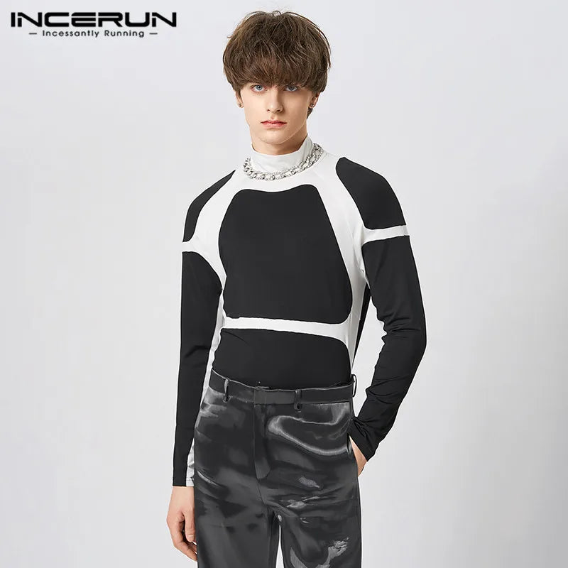 2023 Fashion Men T Shirts Patchwork Turtleneck Long Sleeve Casual Camisetas Skinny Streetwear Leisure Men Clothign S-5XL INCERUN