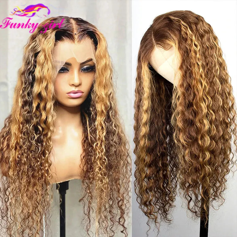 Highlight Water Wave Human Hair Wig Highlighted Curly Lace Front Wigs For Women Brazilian Lace Closure Wig Pre Plucked Cheap Wig