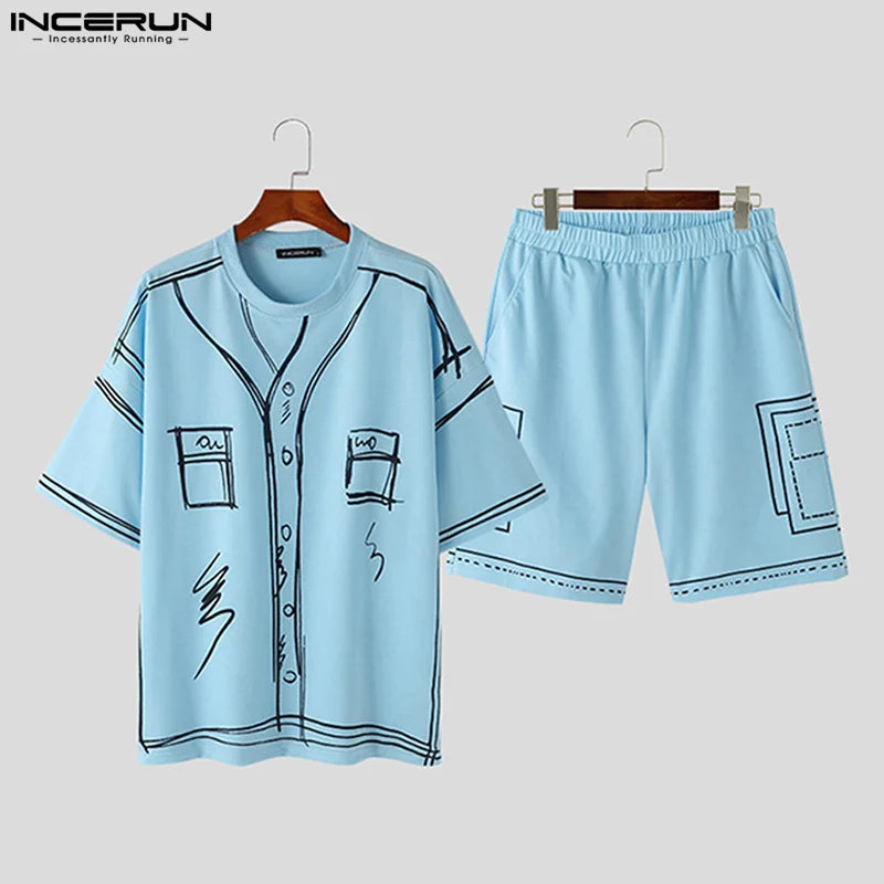 2024 männer Sets Druck Sommer Koreanischen Stil Streetwear Oansatz Kurzarm T-Shirt und Shorts 2PCS männer Casual Anzüge S-5XL INCERUN