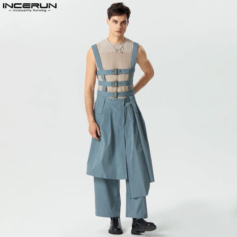 INCERUN Men Jumpsuits Solid Sleeveless Pleated Personality Skirts Trousers Overalls Streetwear 2023 Male Irregular Rompers S-5XL
