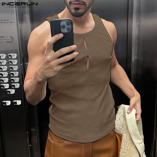 2024 Men's Tank Tops Knitted O-neck Sleeveless Hollow Out Fashion Men Clothing Streetwear Solid Color Casual Vests S-5XL INCERUN