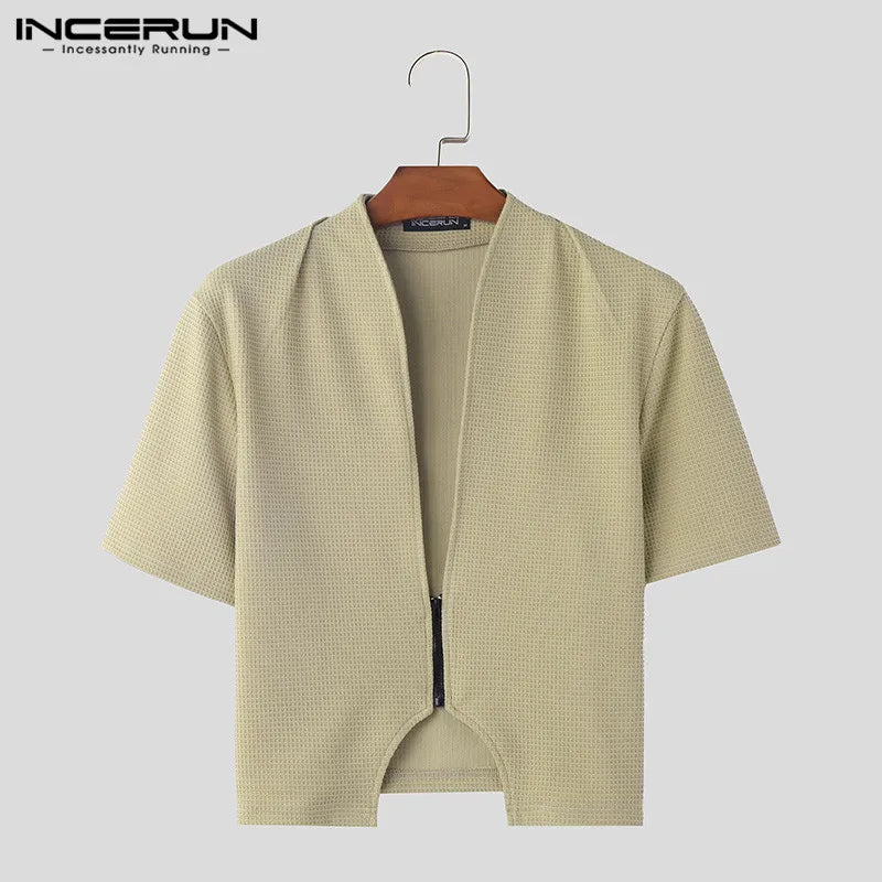 2024 Men Shirt Solid Color V Neck Short Sleeve Zipper Streetwear Men Clothing Stylish Casual Irregular Crop Tops S-5XL INCERUN