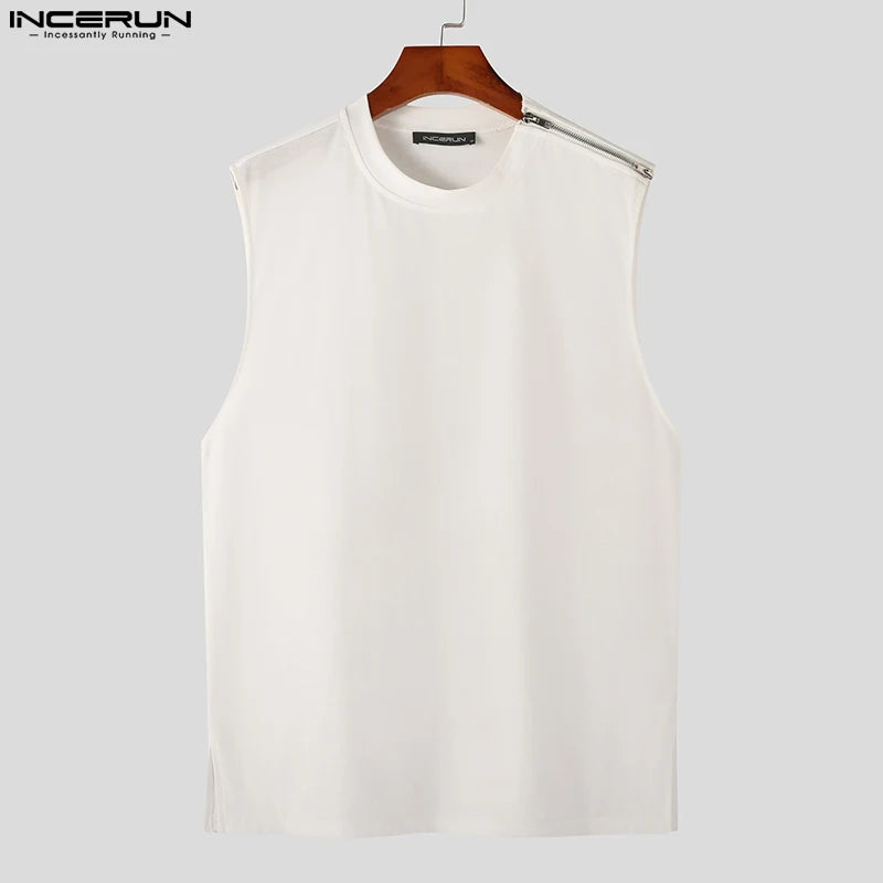 INCERUN Fashion Men Tank Tops Streetwear 2023 Solid O-neck Sleeveless Zipper Vests Summer Korean Style Casual Men Clothing S-5XL