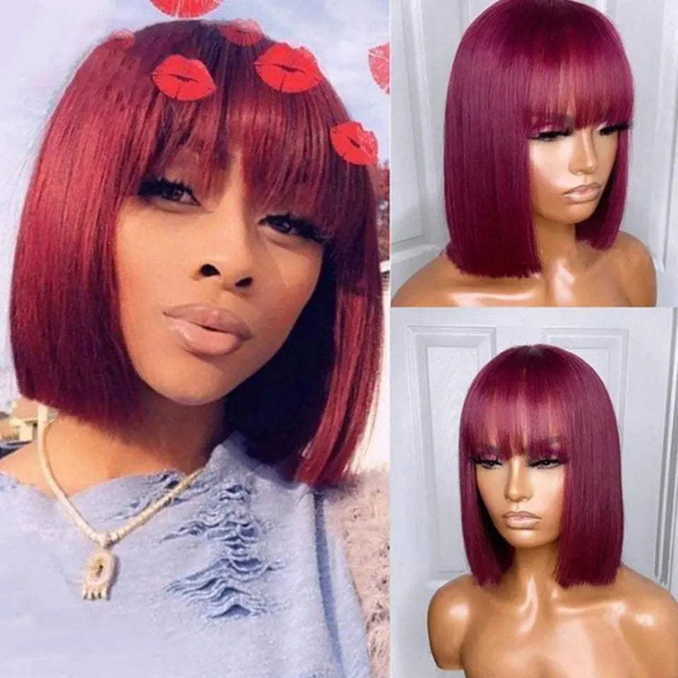 99J Colored Short 180D Straight Brazilian Human Hair Bob Wigs with Bangs Remy Full Machine Made for Women Hightlight Burgundy