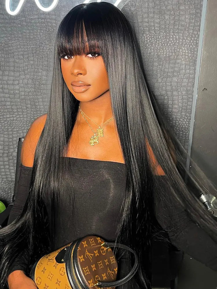 100% Human Hair Wig With Bangs Glueless Short Bob Human Hair Wigs For Black Women Cheap 30 34 Inch Brazilian Straight Fringe Wig