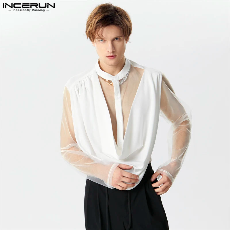 INCERUN-camisa Irregular de malla con cuello levantado para hombre, ropa de calle de manga larga, transparente, a la moda, 2024