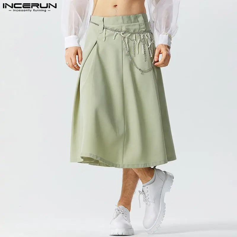 2023 Men Skirts Pants Solid Zipper Pleated Loose Streetwear Men Bottoms Personality Fashion Unisex Skirts Trousers Men INCERUN
