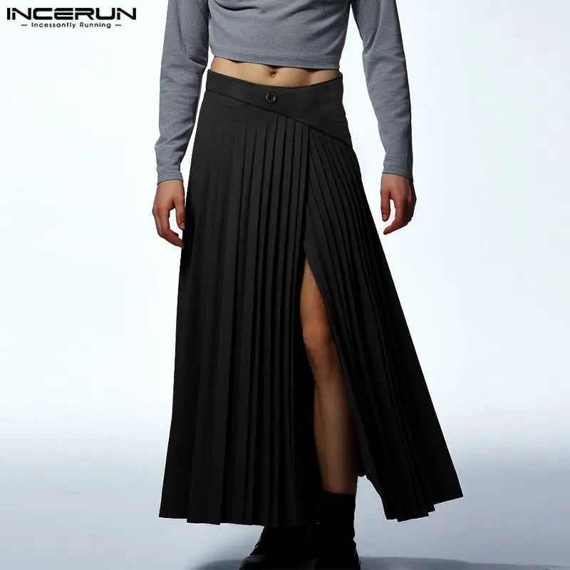 2023 Men Skirts Pleated Zipper Solid Loose Fashion Casual Unisex Irregular Skirts Pants Streetwear Split Men's Bottoms INCERUN