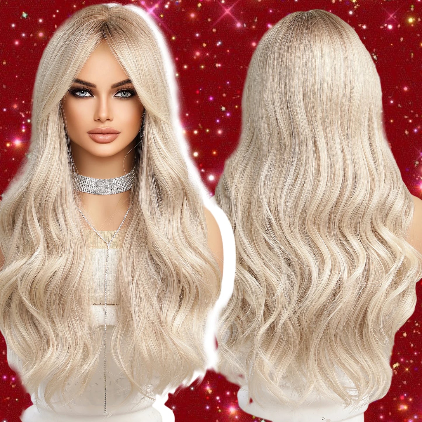 Emmor Ombre Black to Light Blonde Hair Wig Synthetic Long Wavy Wigs with Bangs for Women Cosplay Natural High Temperature Fiber